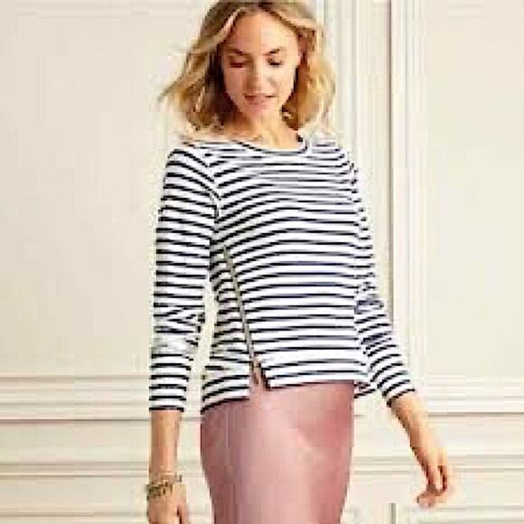 Stella & Dot navy Long Sleeve Scoop Neck Striped nautical coastal preppy Top -XS - Picture 1 of 9